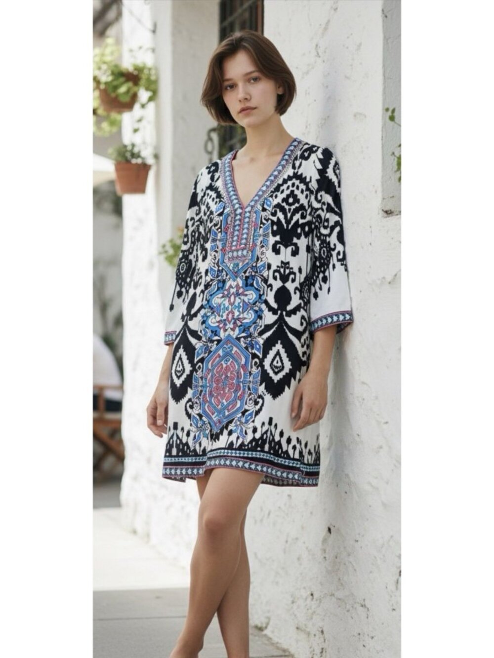 Hale Bob Boho Ikat Summer Dress M V Neck 3/4 Sleeve Stretch Mini/ Tropical Color